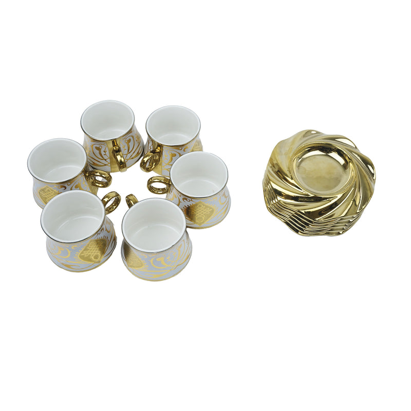 Set of 6 Ceramic Cups & Saucers - White & Gold Swirl Design (XJ503-7)