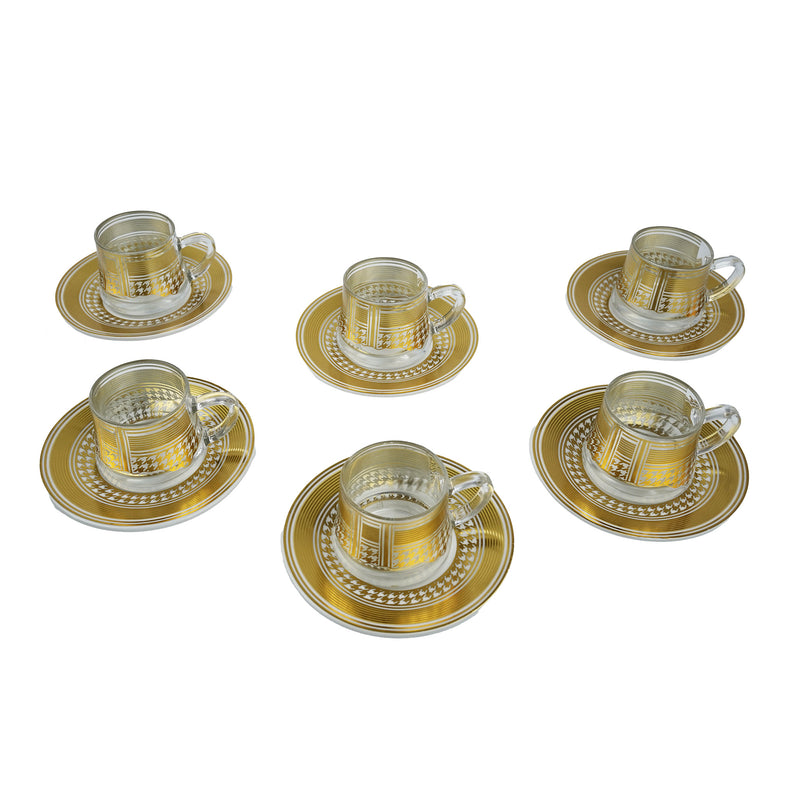 Set of 6 Glass & Ceramic Cups & Saucers - Gold Houndstooth Pattern ( RS-Y627)