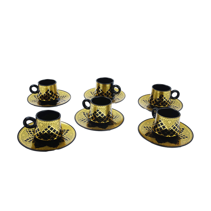 Set of 6 Ceramic Cups & Saucers - Black & Gold Diamond Pattern (RSY617)