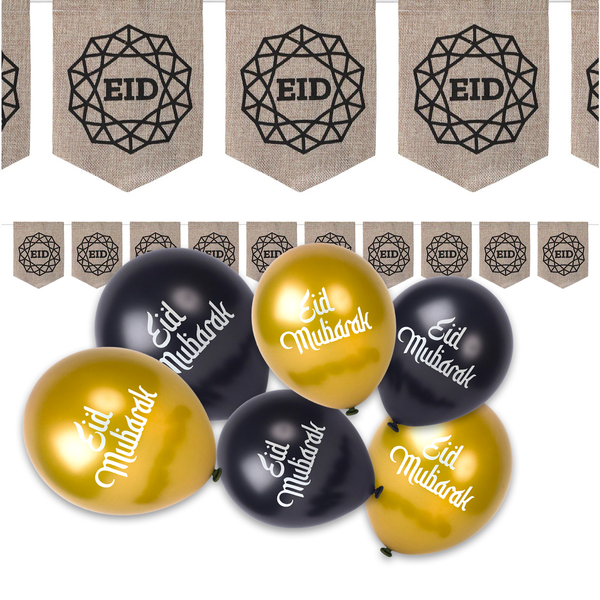 Geometric Pattern Eid Mubarak Hessian Bunting & 15 Black & Gold Eid Mubarak Balloons