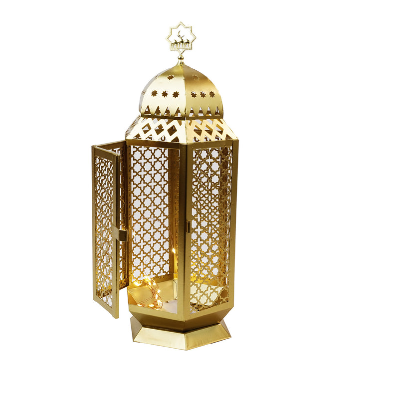 Large Brushed Gold Hexagon Shape LED Light Metal Lantern (20208-1)