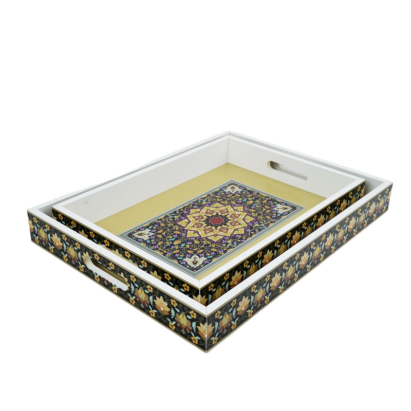 Set of 2 Colourful Floral Inlay Wooden Tray (2111-1AB)
