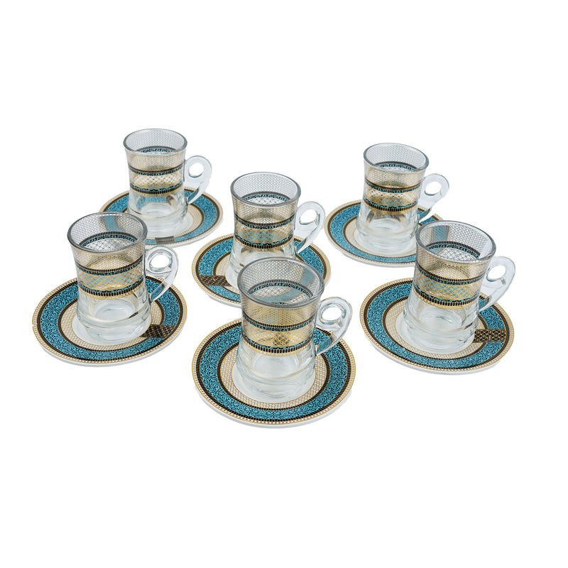 Set of 6 Turkish Glass Cups & Saucers - Teal and Gold (RS-Q20)