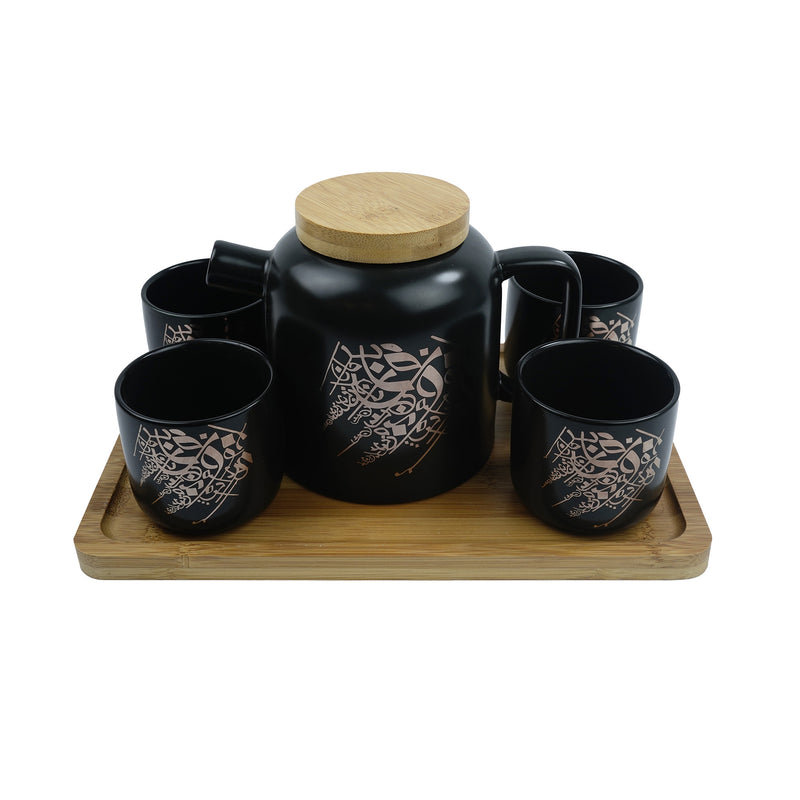 Black Ceramic Teapot Wooden Lid set & Rectangle  Wooden Tray (SJ-1411-8)