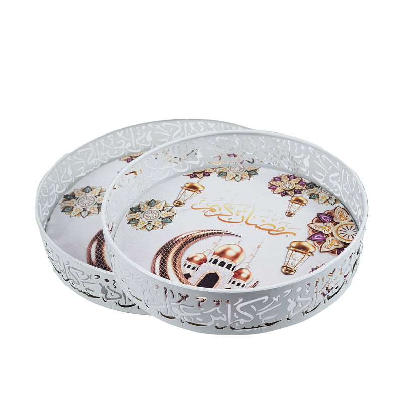 Set of 2 WHITE Metal Round ARABIC Cut Out Trays (757-27)