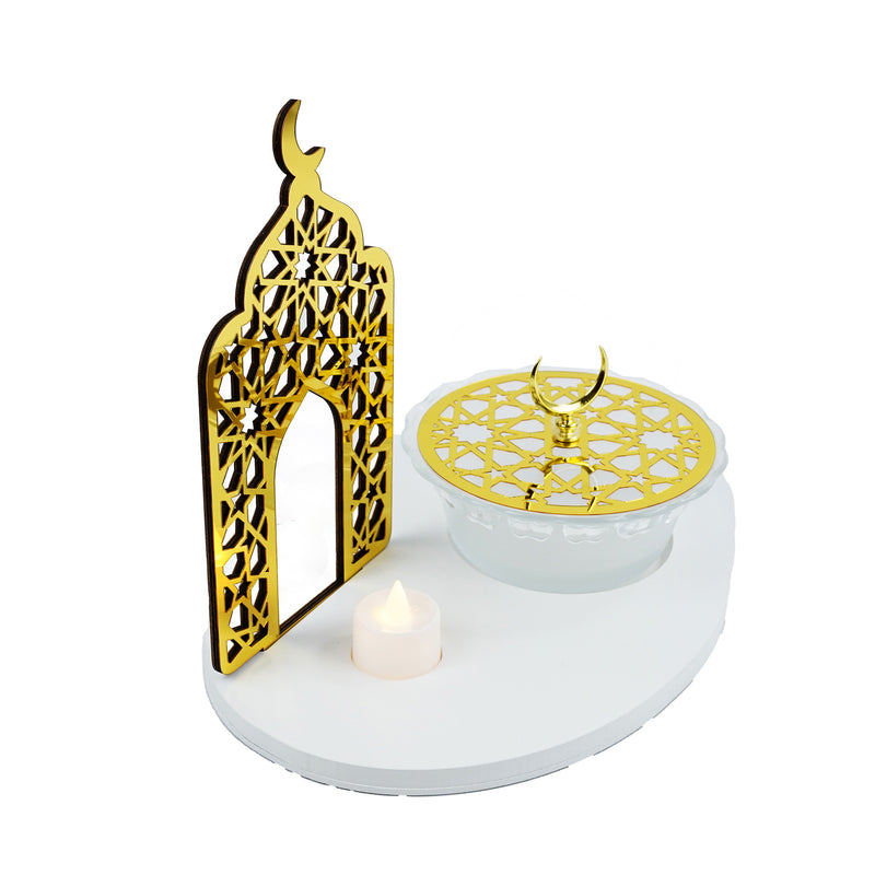 Geometric Minaret Stand Glass Bowl with Lid and Candle (757-51)