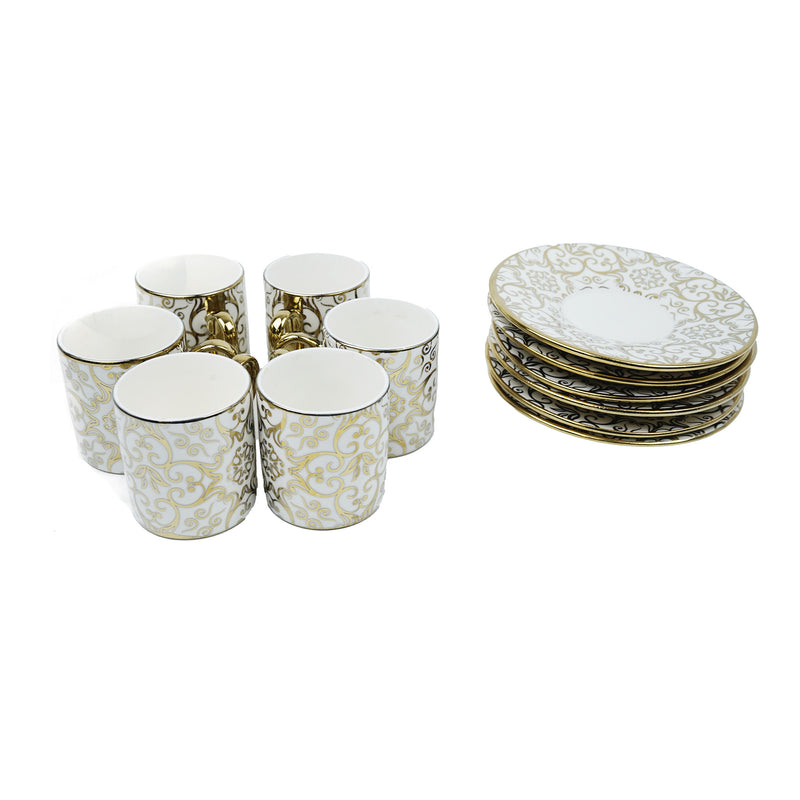 Set of 6 Ceramic Cups & Saucers - White With Gold Damask Pattern (RS3313)