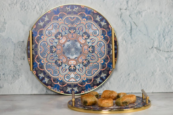 Round Blue Flat Trays with Gold Handles - 2pc Set (0613-9)