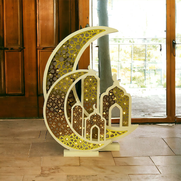 White & Gold Giant Geometric Crescent Moon Mosque LED Light Stand