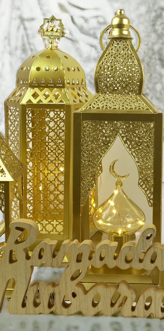 Large Brushed Gold Hexagon Shape LED Light Metal Lantern (20208-1)