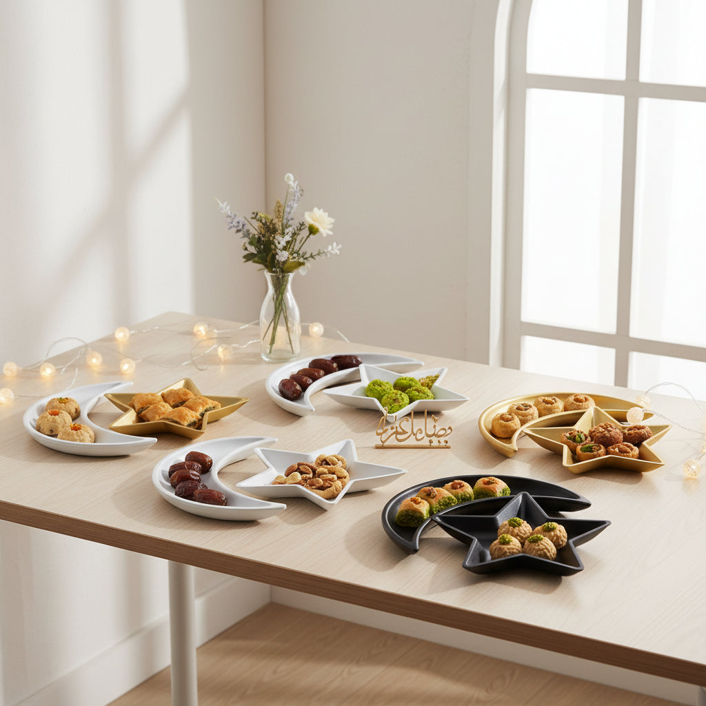 Set of 2 Wooden Crescent Moon & Star Serving Plate Eid/Ramadan