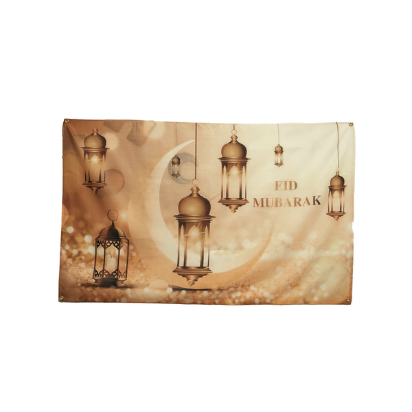 White & Gold Eid Mubarak Hanging Lantern 2024 Backdrop w/ Hanging String (180cm x 110cm)