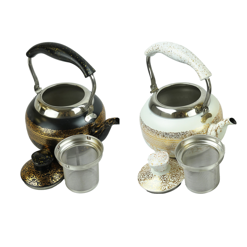 Black Gold & White Gold Round Calligraphy Marble Print Teapot -2L