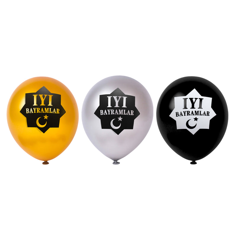Gold, Silver & Black İyi Bayramlar Turkish Star Balloons (15 Pack)