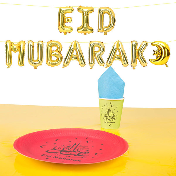 Red Plate Multicolour Tableware & Gold Eid Mubarak Foil Balloons Set