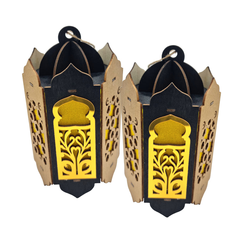 Pack of 2 Wooden Shabby Chic Table / Hanging Lantern Decoration - Black / Gold Floral Cut Out
