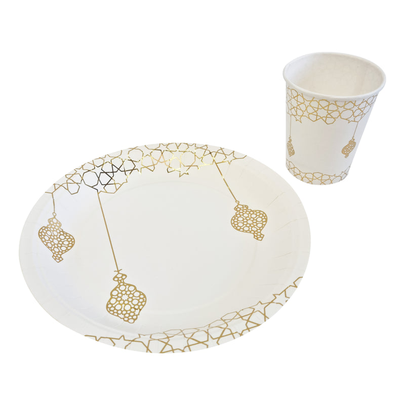 White & Gold 'Geometric Lantern' Disposable Paper Plate & Cup Set