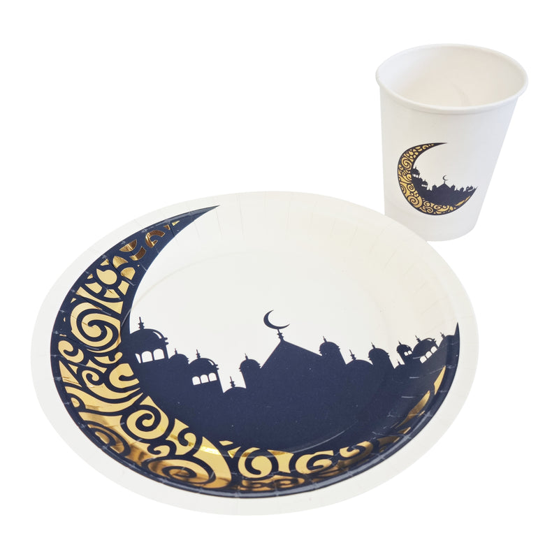 White, Black & Gold 'Metallic Moon & Skyline' Disposable Paper Plate & Cups