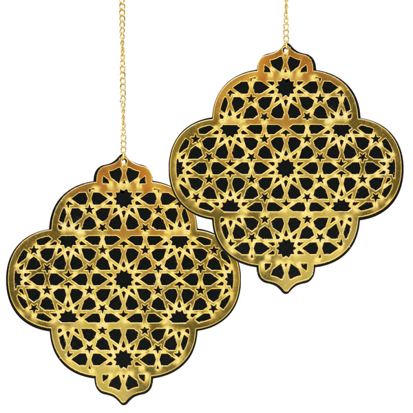 Pack of 2 Gold Geometric Pattern Eid & Ramadan Wooden Hanging Lanterns