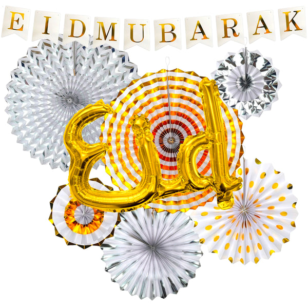 Eid al-Adha / Bakra / Kurban Bayram: White Bunting, Gold & Silver Fans, Gold Foil "Eid" Balloon Decoration SET 46