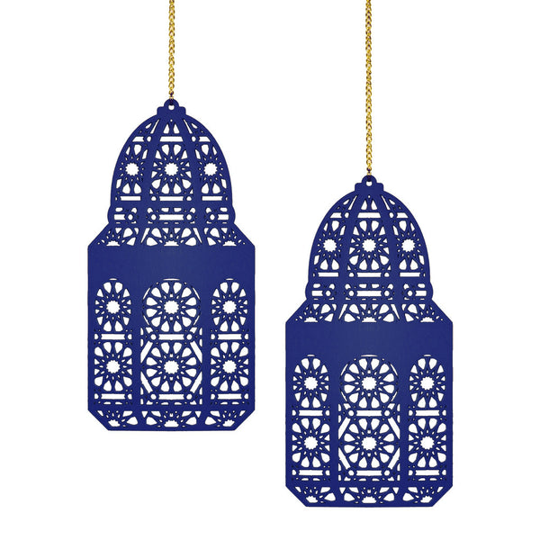 Set of 2 Blue Geometric Pattern Wooden Ramadan / Eid Lantern Hanging Decorations