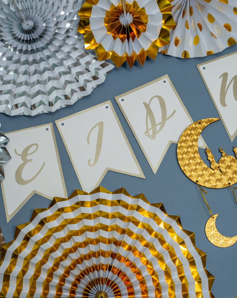 White & Taupe 'Eid Mubarak' Dovetail Pennant Card Bunting - 2m