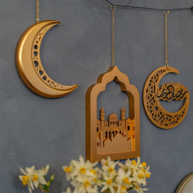 Set of 2 Gold 3D Wooden Window Arch & Mosque Hanging Decorations(2116-3G)