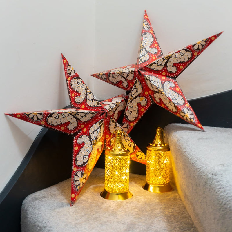 Pack of 2 Large Red & Brown Paper Hanging Star Eid & Ramadan Decorations