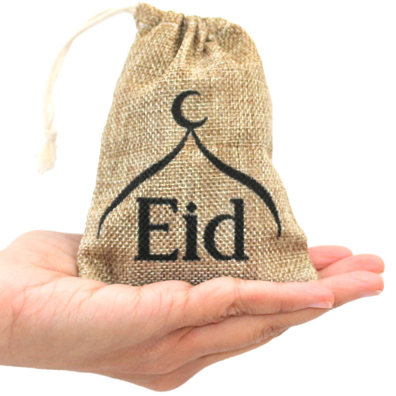 Pack of 6 Eid & Mosque Mini Hessian Pull String Gift Pouches (13x11cm)