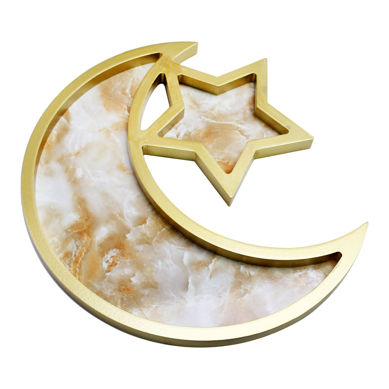 Gold Marble Effect Wooden Crescent Moon & Star Eid/Ramadan Food Serving Tray(757-13)