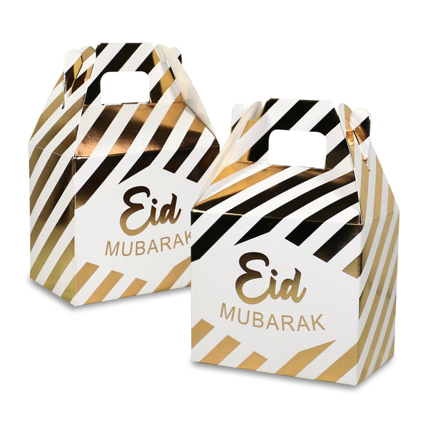 Metallic Gold & White Stripe Eid Mubarak Gift Favour Boxes 12 (10444-4)