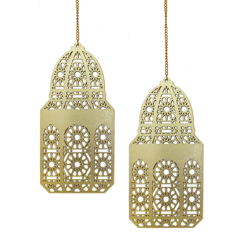 Set of 2 Gold Geometric Pattern Wooden Ramadan / Eid Lantern Hanging Decorations