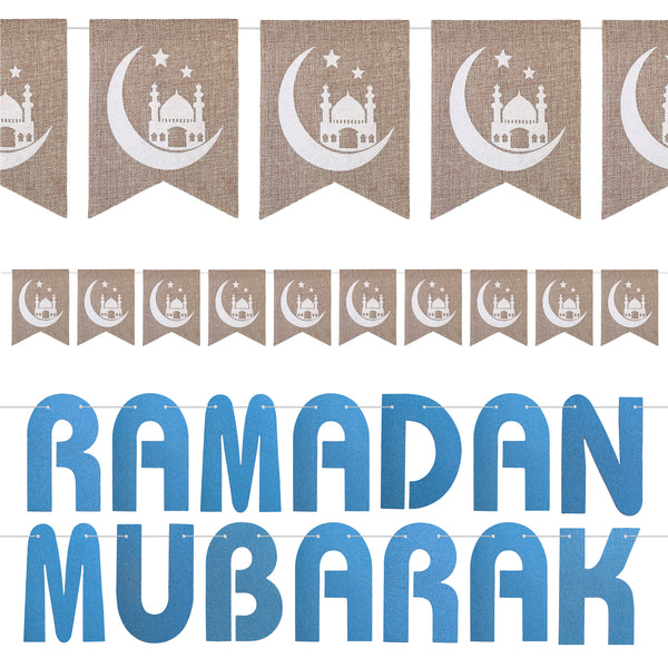 Blue Glitter Ramadan Mubarak Letter Bunting & Moon & Mosque Hessian Bunting Set