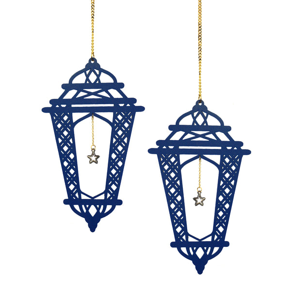 Set of 2 Blue Wooden Crosshatch Ramadan / Eid Lantern Hanging Decorations