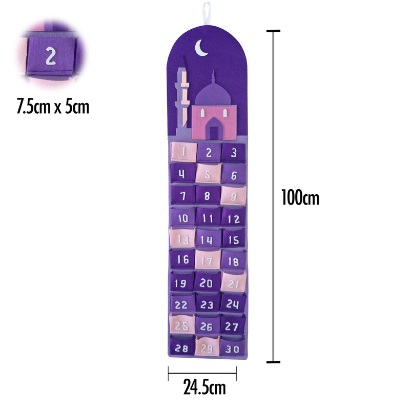 Long Purple Mosque & Multicolour Pocket Felt Ramadan Calendar