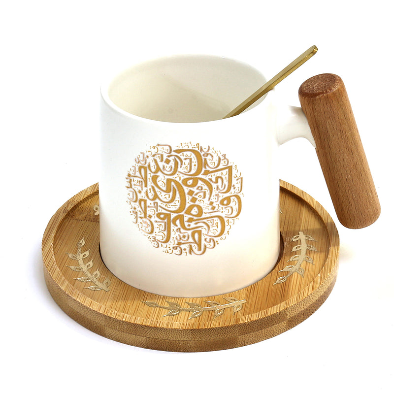 Black & White Ceramic Mug & Wooden Dish & Spoon Set (SJ-1506-5)
