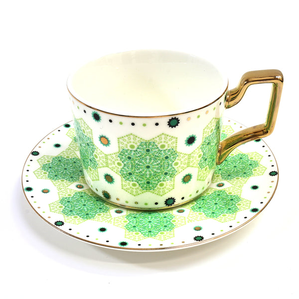 Hexagonal Mandala Style Ceramic Mug & Dish Set With Gold Handle - Green (M23-6)