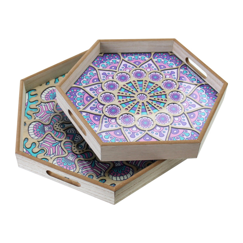 Set of 2 Wooden Hexagonal Pink & Purple Floral Inlay Food Serving Trays(1940-4)