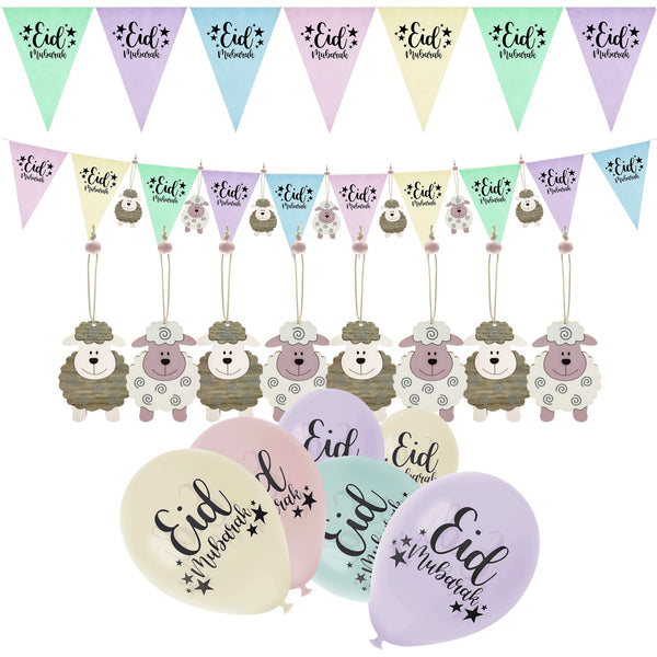 Pastel Eid Mubarak Paper Bunting, 12 Pastel Balloons & 8 Wooden Hanging Sheep Eid al-Adha Decorations