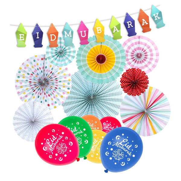 Eid Mubarak Pastel Paper Hanging Fans, Lantern Bunting & Balloons Set