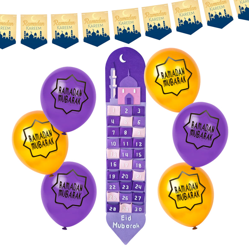 Purple Ramadan Calendar, Bunting & Balloons Decorations Set