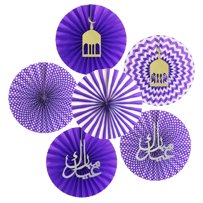 Set of 6 Purple Assorted Eid & Ramadan Hanging Concertina Fan Decorations