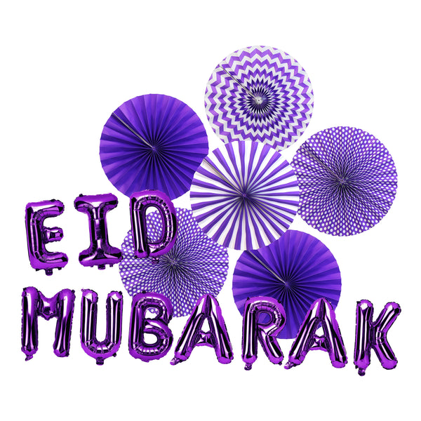 Purple Paper Fans & Purple Foil Eid Mubarak Balloons Decorations Set