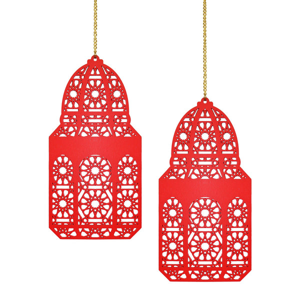 Set of 2 Red Geometric Pattern Wooden Ramadan / Eid Lantern Hanging Decorations