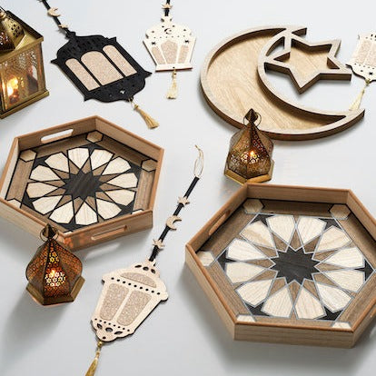 Set of 2 Hexagonal Wooden Inlay Ramadan Iftar Serving Trays (1905-3BC)
