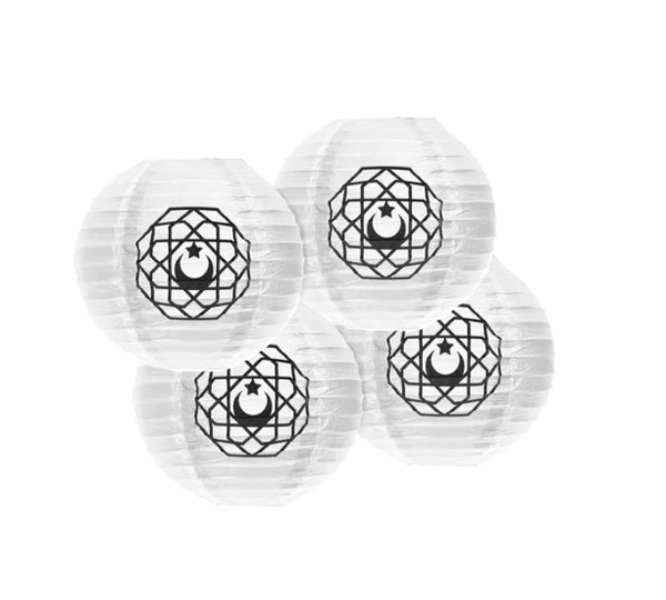 Pack of 4 MINI Crescent Moon Geometric Pattern Paper Hanging Lanterns - White