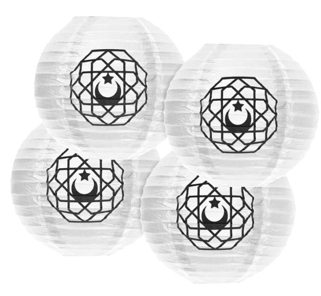 Pack of 4 Crescent Moon Geometric Pattern Paper Hanging Lanterns - White