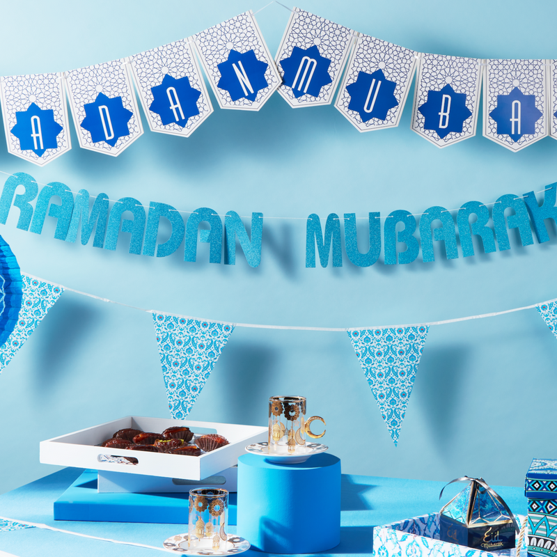 Blue Glitter Letter Ramadan Mubarak Hanging Bunting Decoration - 2 meters