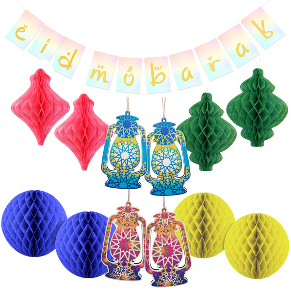 Multicolour 'Eid Mubarak' Bunting, Honeycombs & Wooden Lanterns Set (Set 22-16)