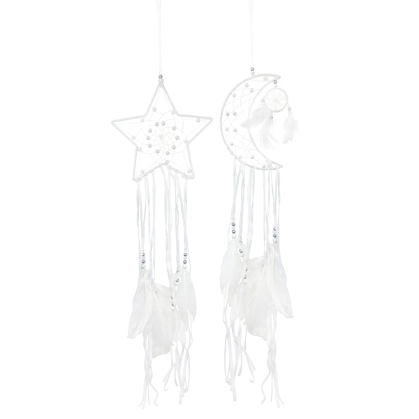 Set of 2 Large White Fabric Dreamcatcher Crescent Moon & Star Hanging Decorations